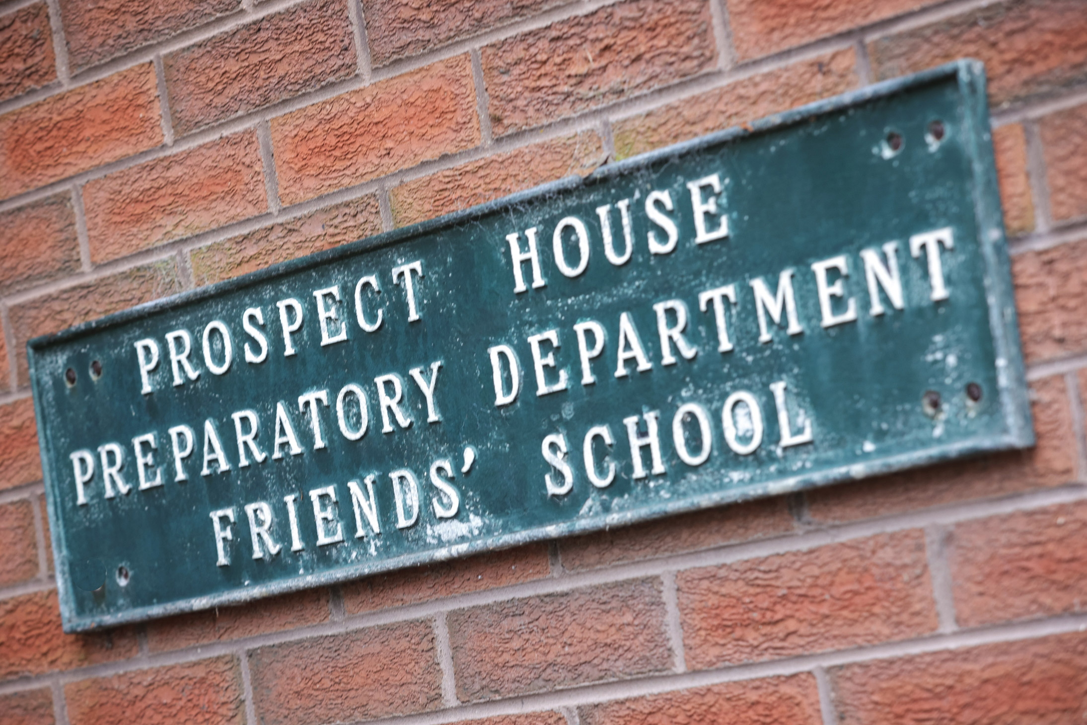 Plaque reading PROSPECT HOUSE PREPARATORY DEPARTMENT FRIENDS' SCHOOL